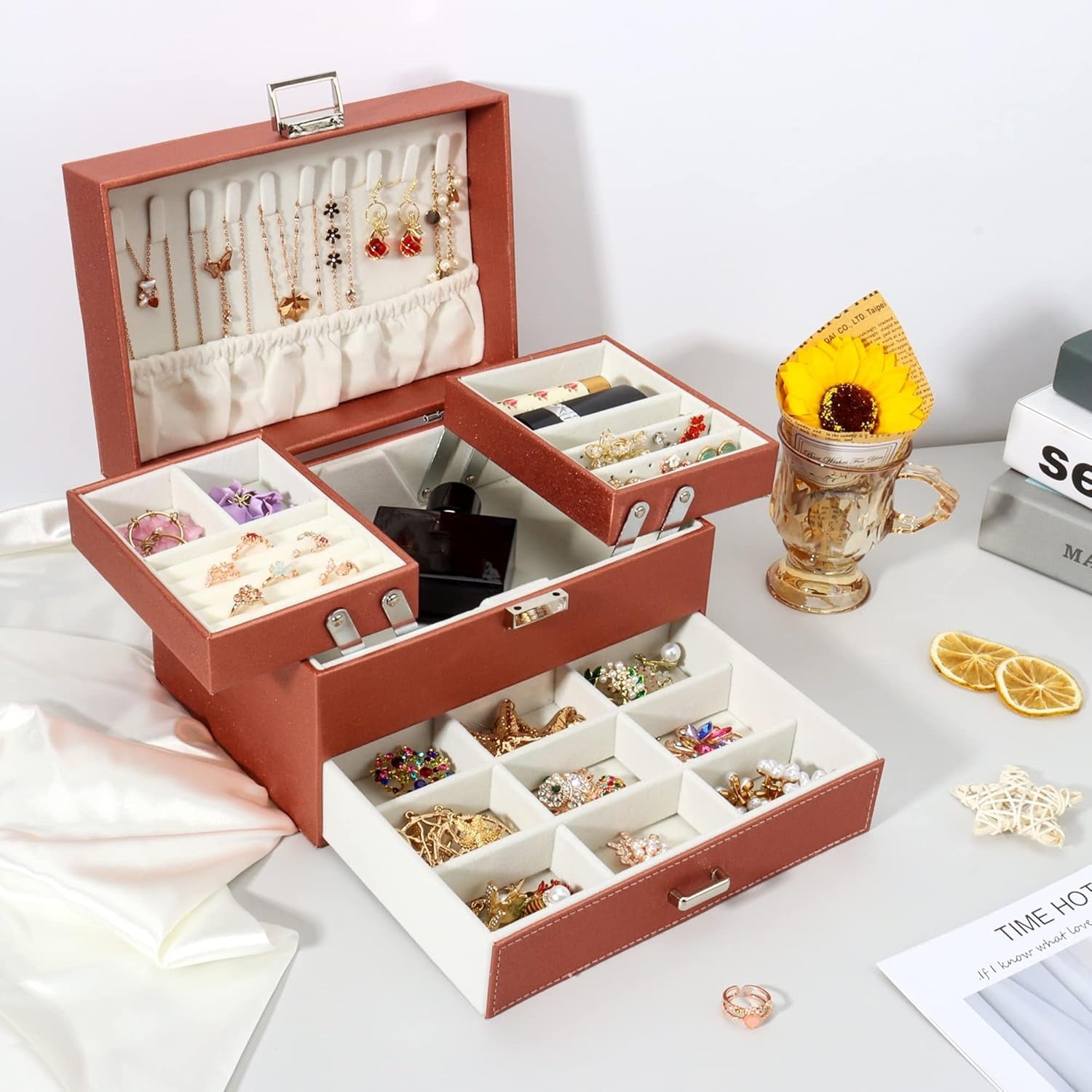 Boîte à Bijoux Multi-Rangements En Cuir