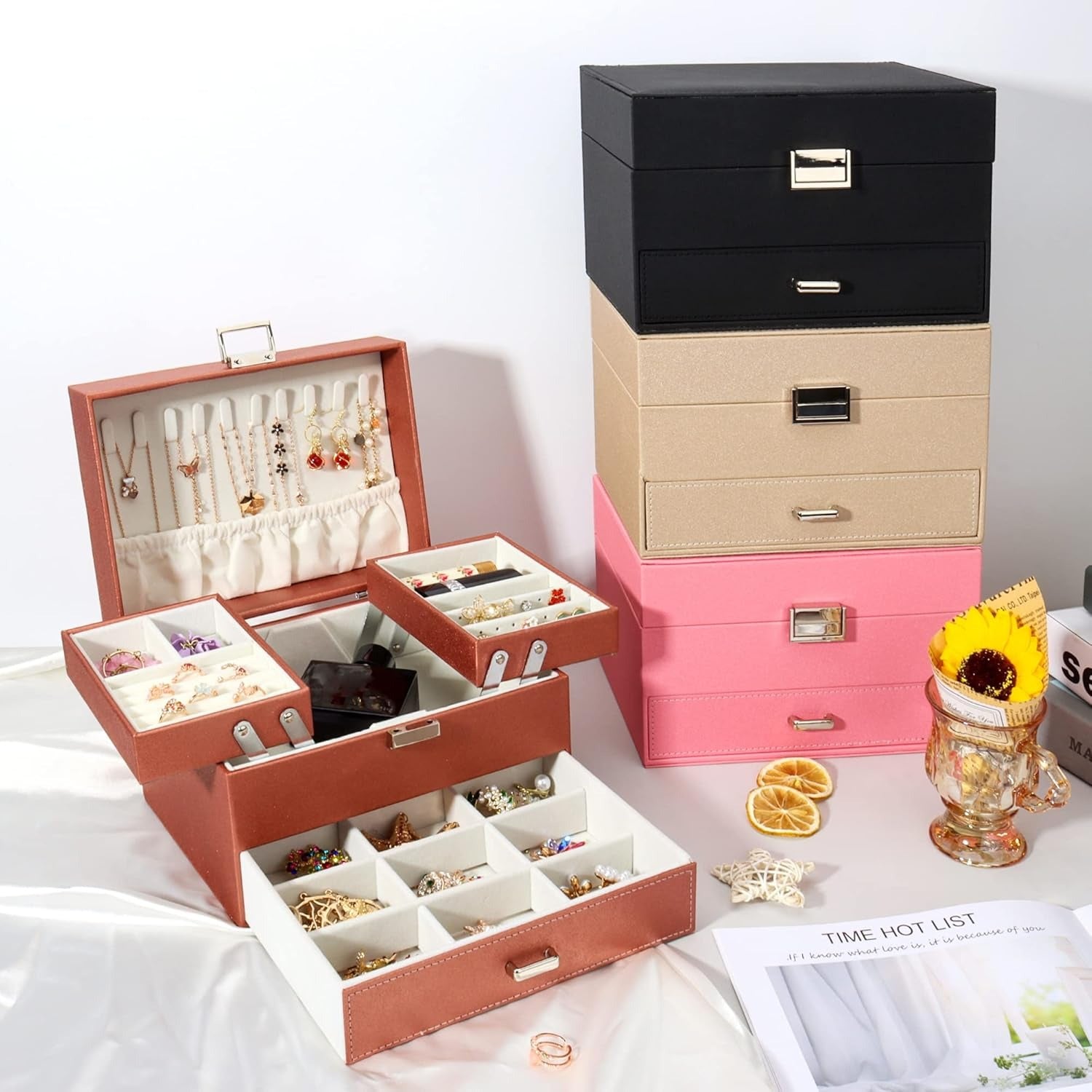 Boîte à Bijoux Multi-Rangements En Cuir