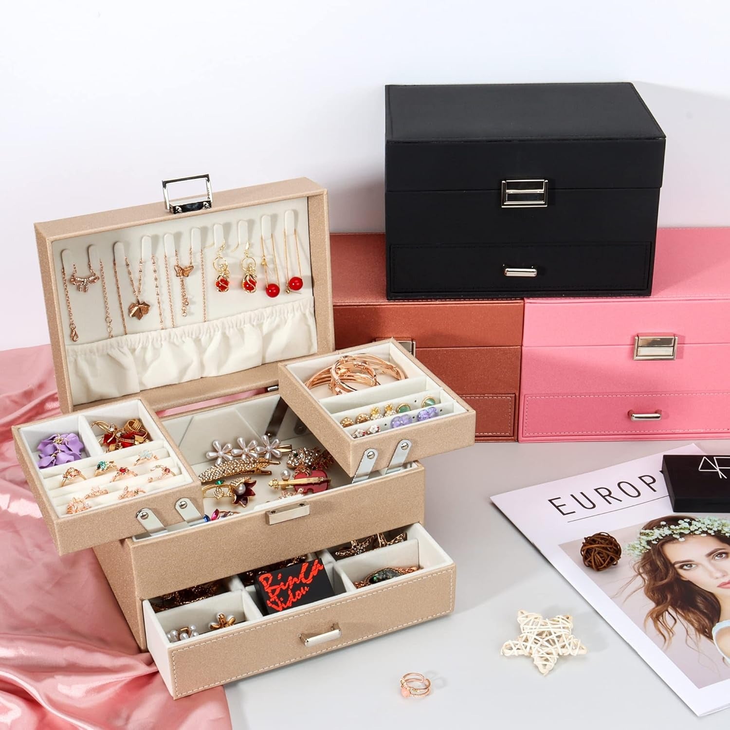Boîte à Bijoux Multi-Rangements En Cuir