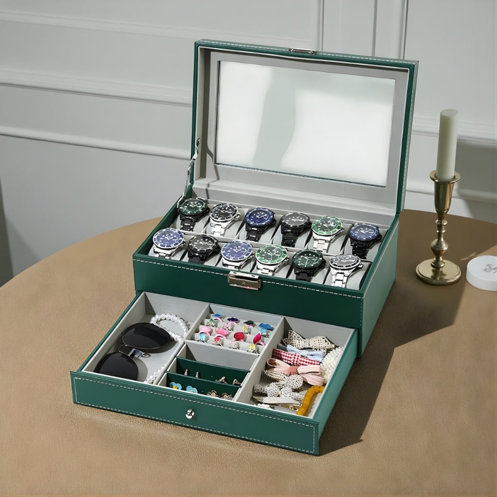 Boîte À Montres 12 Slots En Cuir Avec Tiroir Bijoux