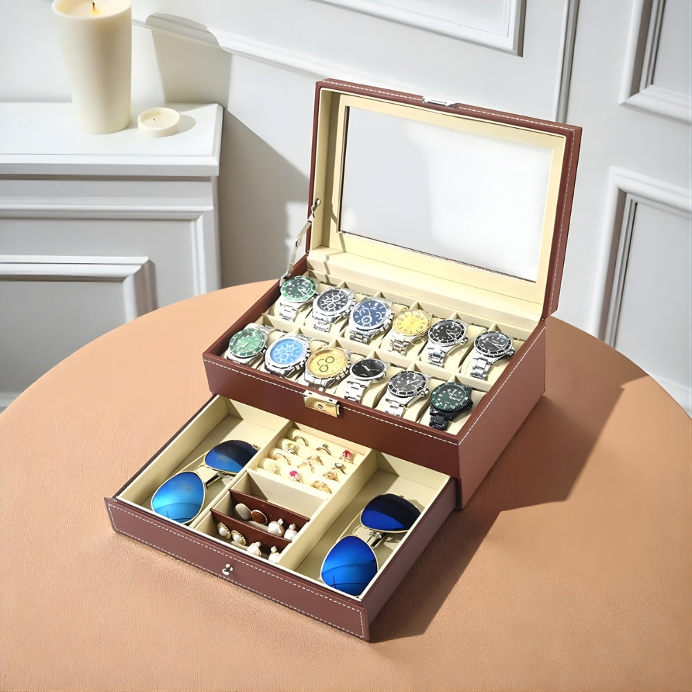 Boîte À Montres 12 Slots En Cuir Avec Tiroir Bijoux