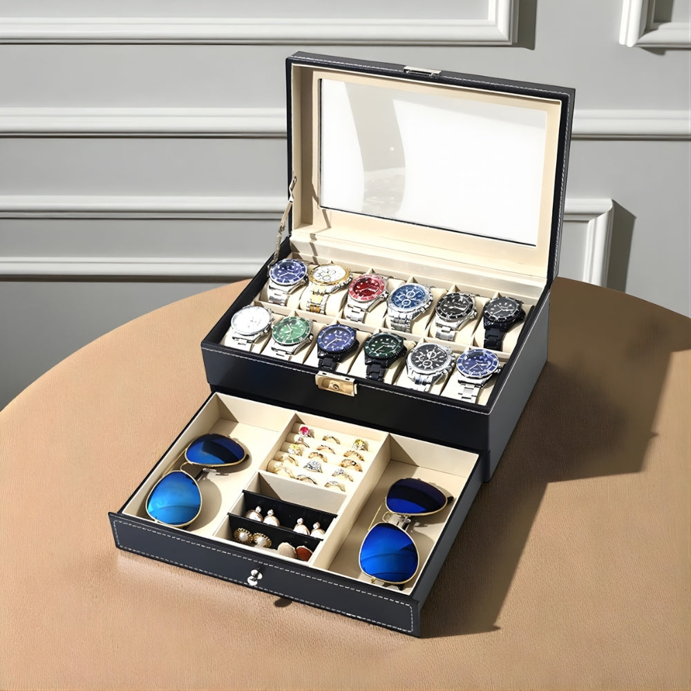 Boîte À Montres 12 Slots En Cuir Avec Tiroir Bijoux