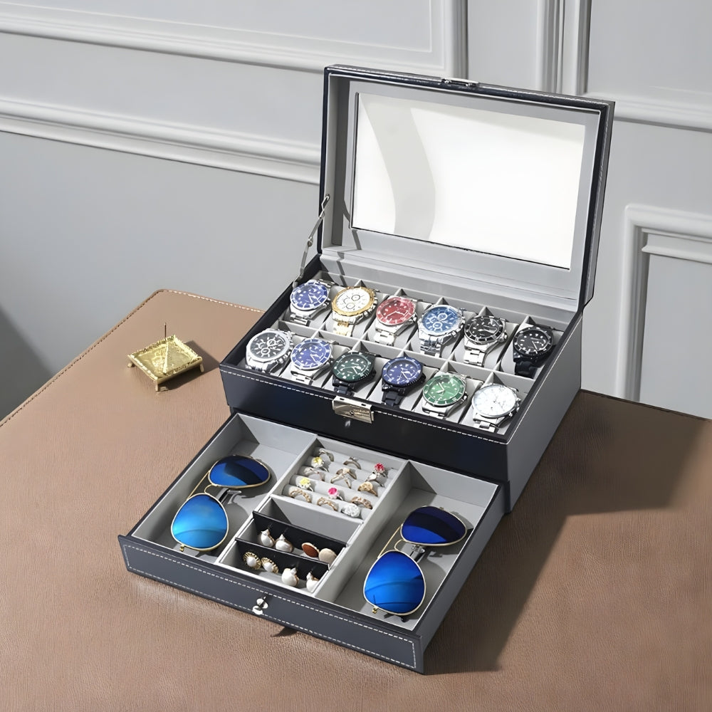Boîte À Montres 12 Slots En Cuir Avec Tiroir Bijoux
