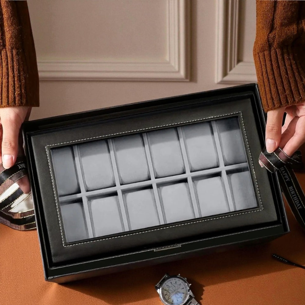 Boîte À Montres 12 Slots En Cuir Avec Tiroir Bijoux