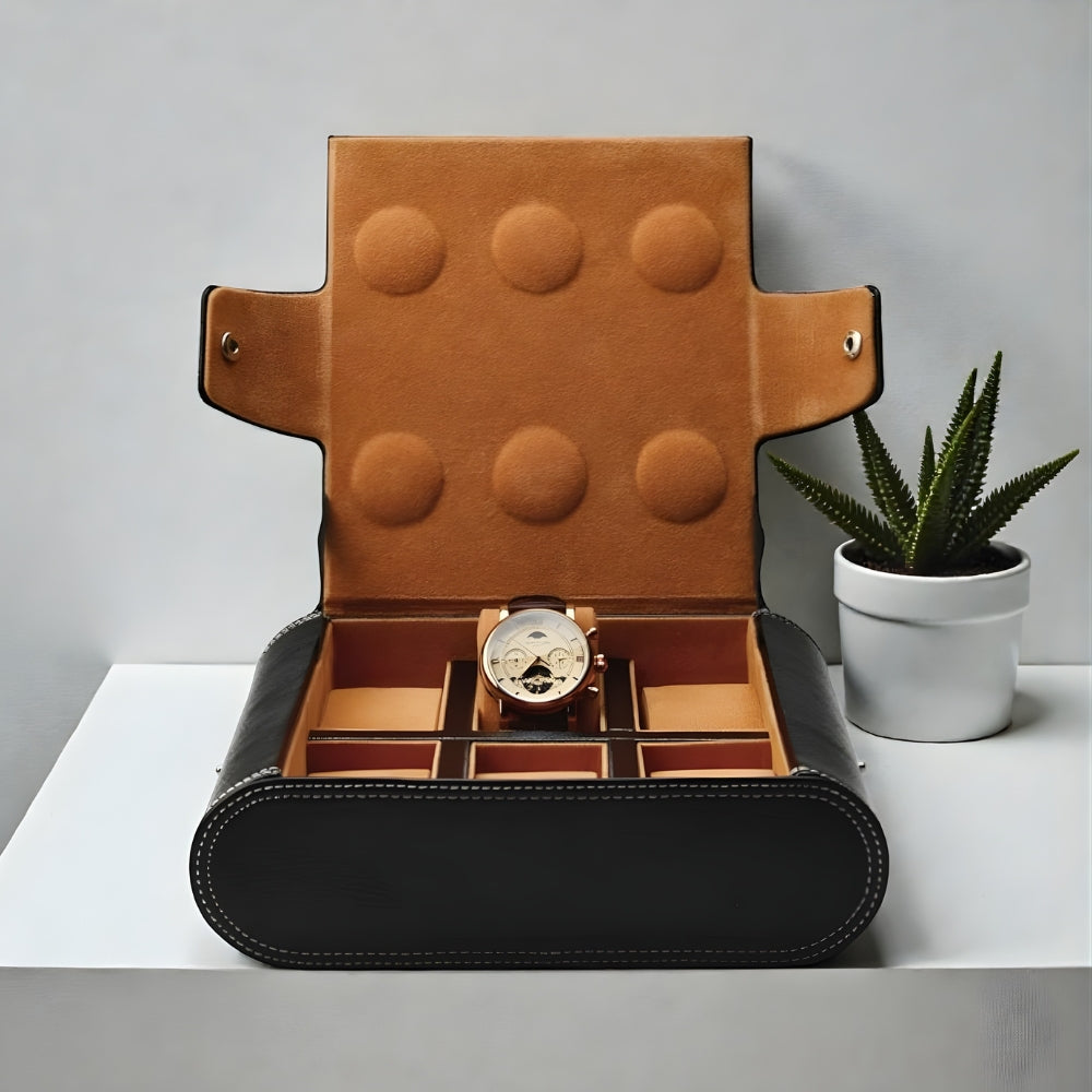 Boîte À Montres En Cuir Noir Intérieur Camel
