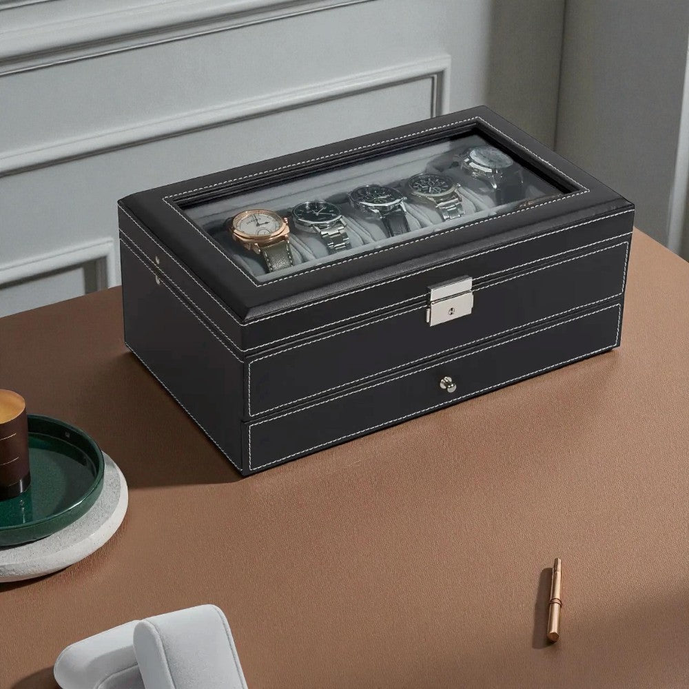 Boîte À Montres 12 Slots En Cuir Avec Tiroir Bijoux