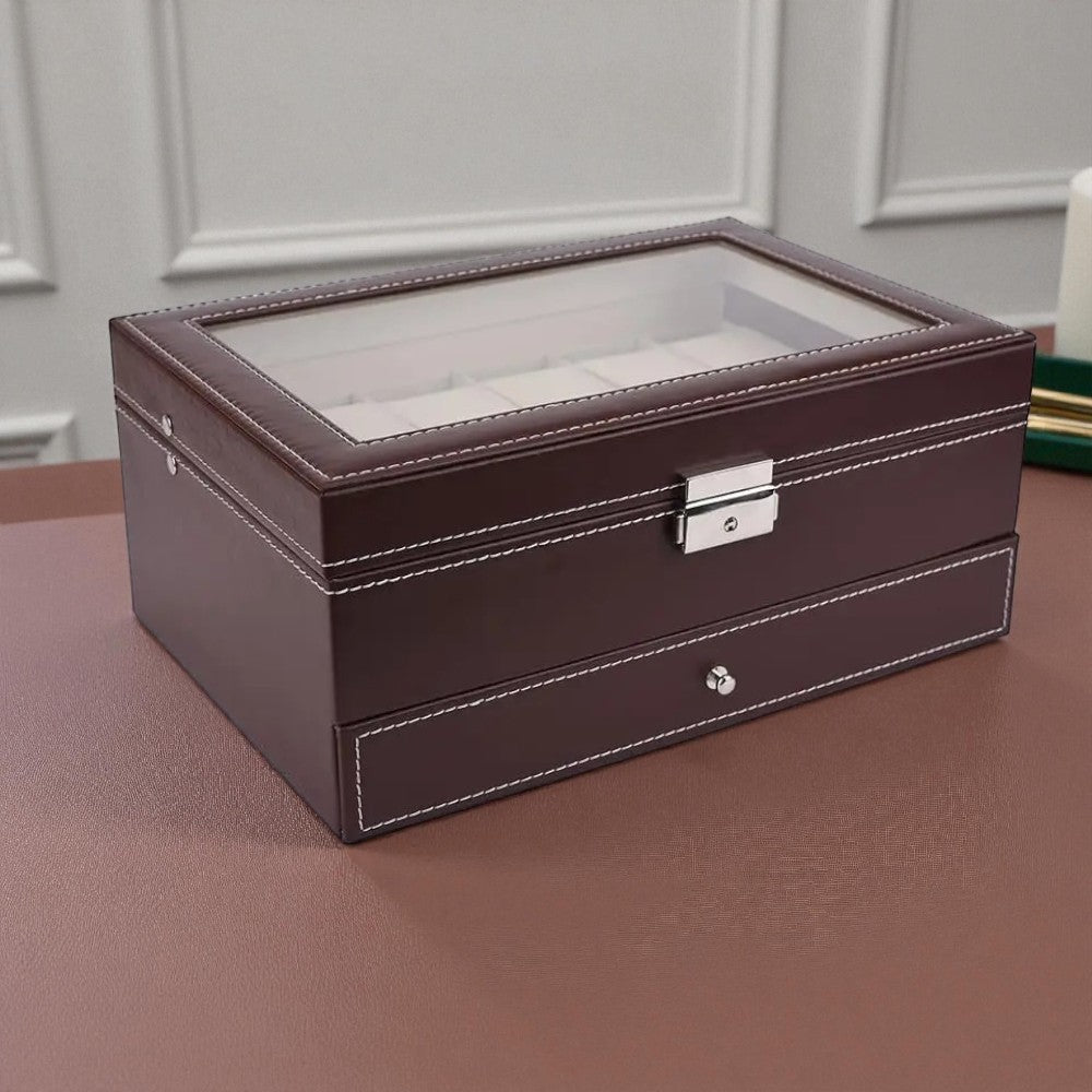 Boîte À Montres 12 Slots En Cuir Avec Tiroir Bijoux