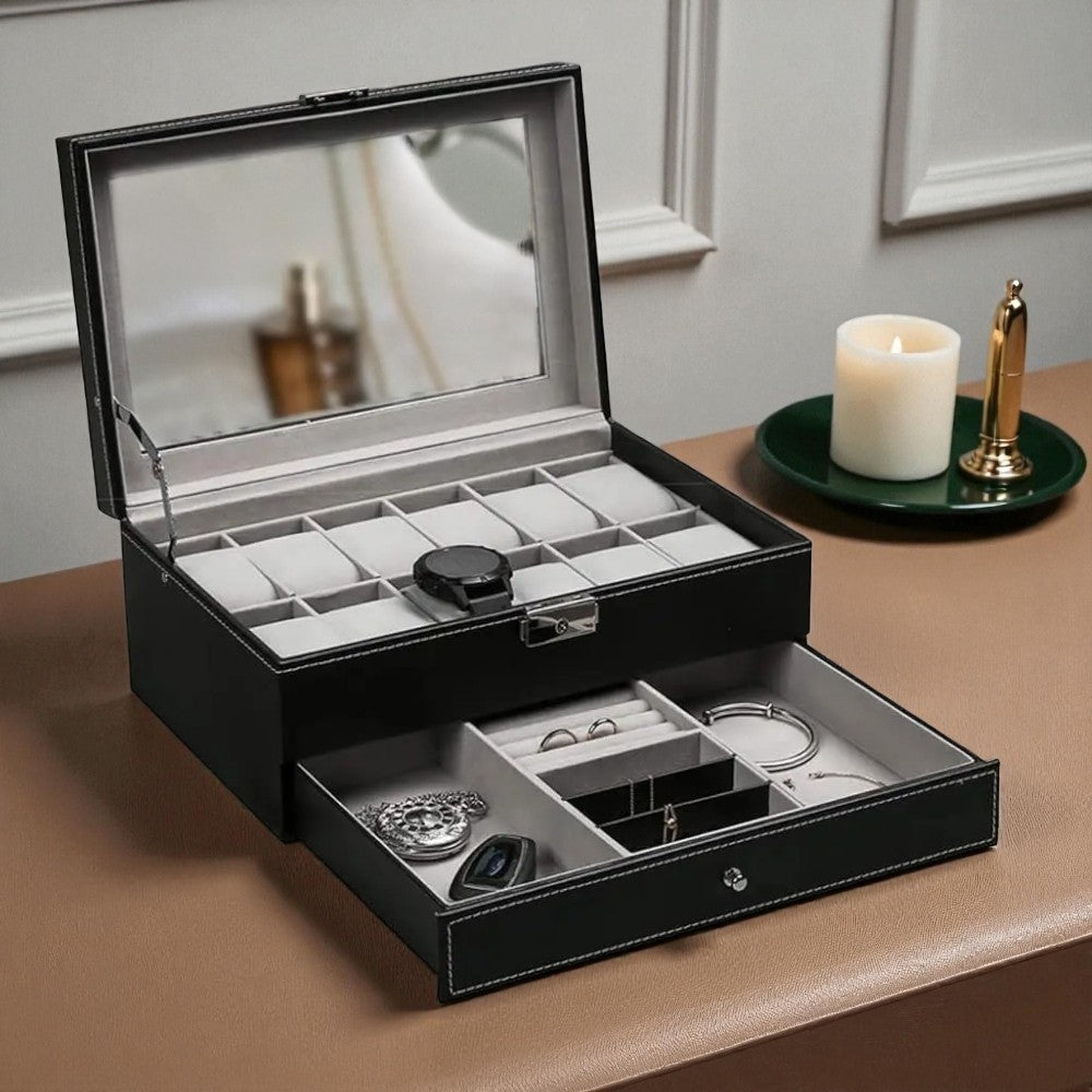 Boîte À Montres 12 Slots En Cuir Avec Tiroir Bijoux