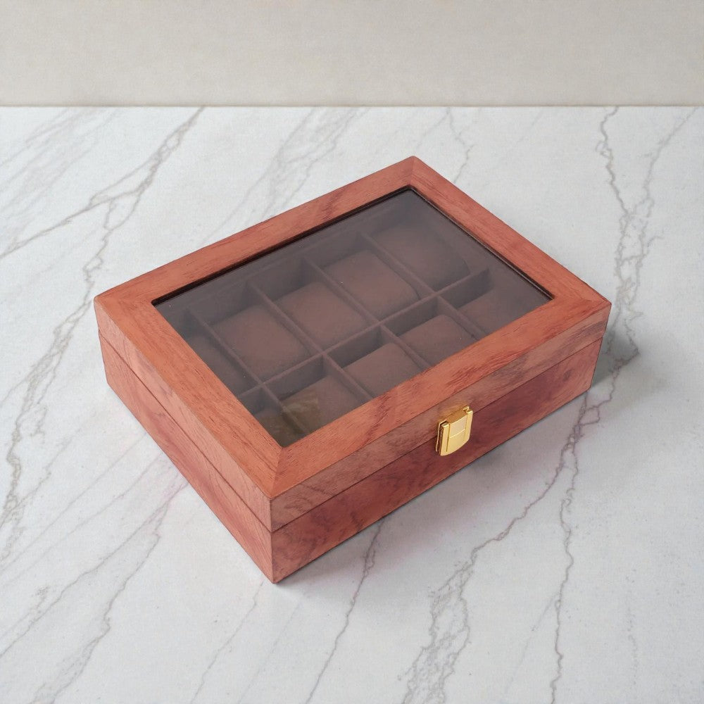 Boîte à montre 12 emplacements en bois avec couvercle transparent