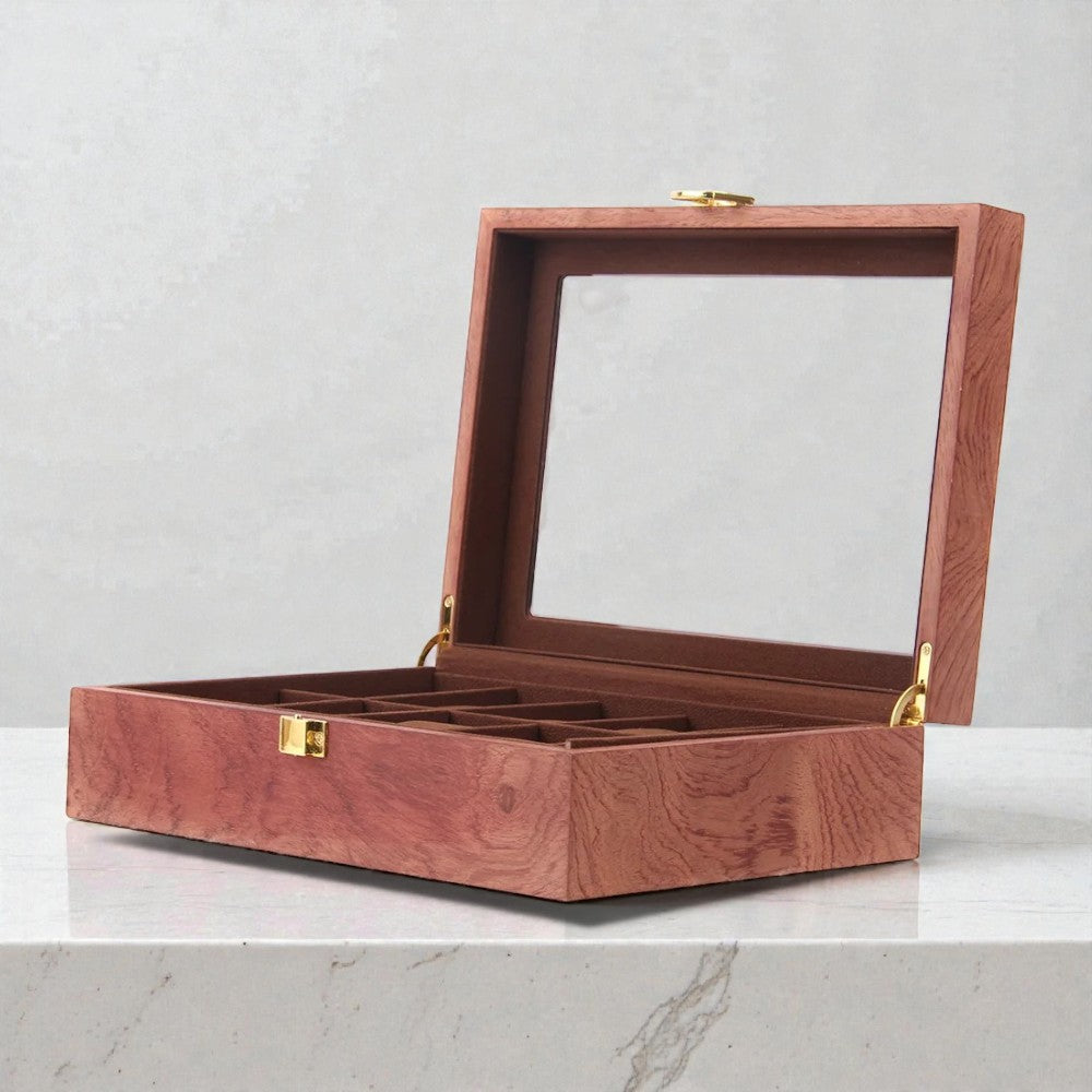 Boîte à montre 12 emplacements en bois avec couvercle transparent
