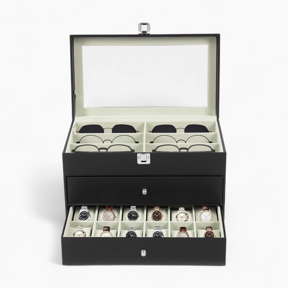 Coffret de Rangement Montres et Lunettes Avec Tiroir