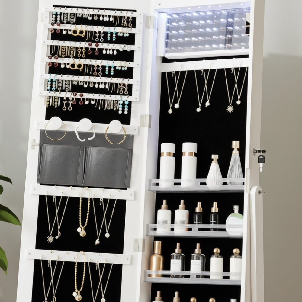 Armoire à Bijoux avec Miroir Plein Pied, Éclairage LED et Double Tiroir