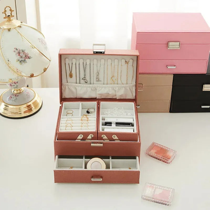 Boîte à Bijoux Multi-Rangements En Cuir
